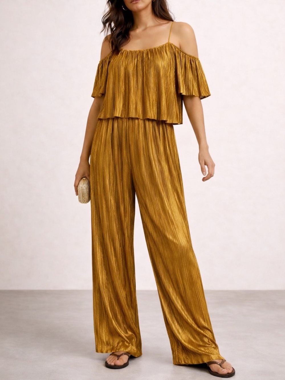 Metallic Gold Pleated Jumpsuit Off Shoulder Wide Leg Party Evening Glam